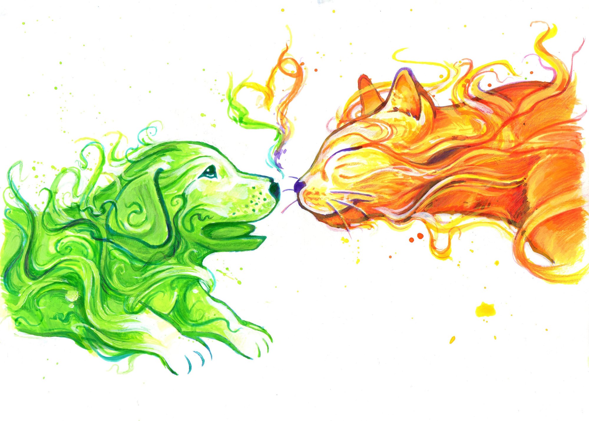 Aquarel·la d'un gos i un gat cara a cara, la imatge de la clínica